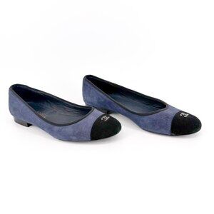 Chanel CC Cap Toe Ballet Flats Blue Suede Size 38.5 US 7.5-8 Two Tone Logo